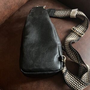 Black Leather Crossbody Bag with Woven Strap